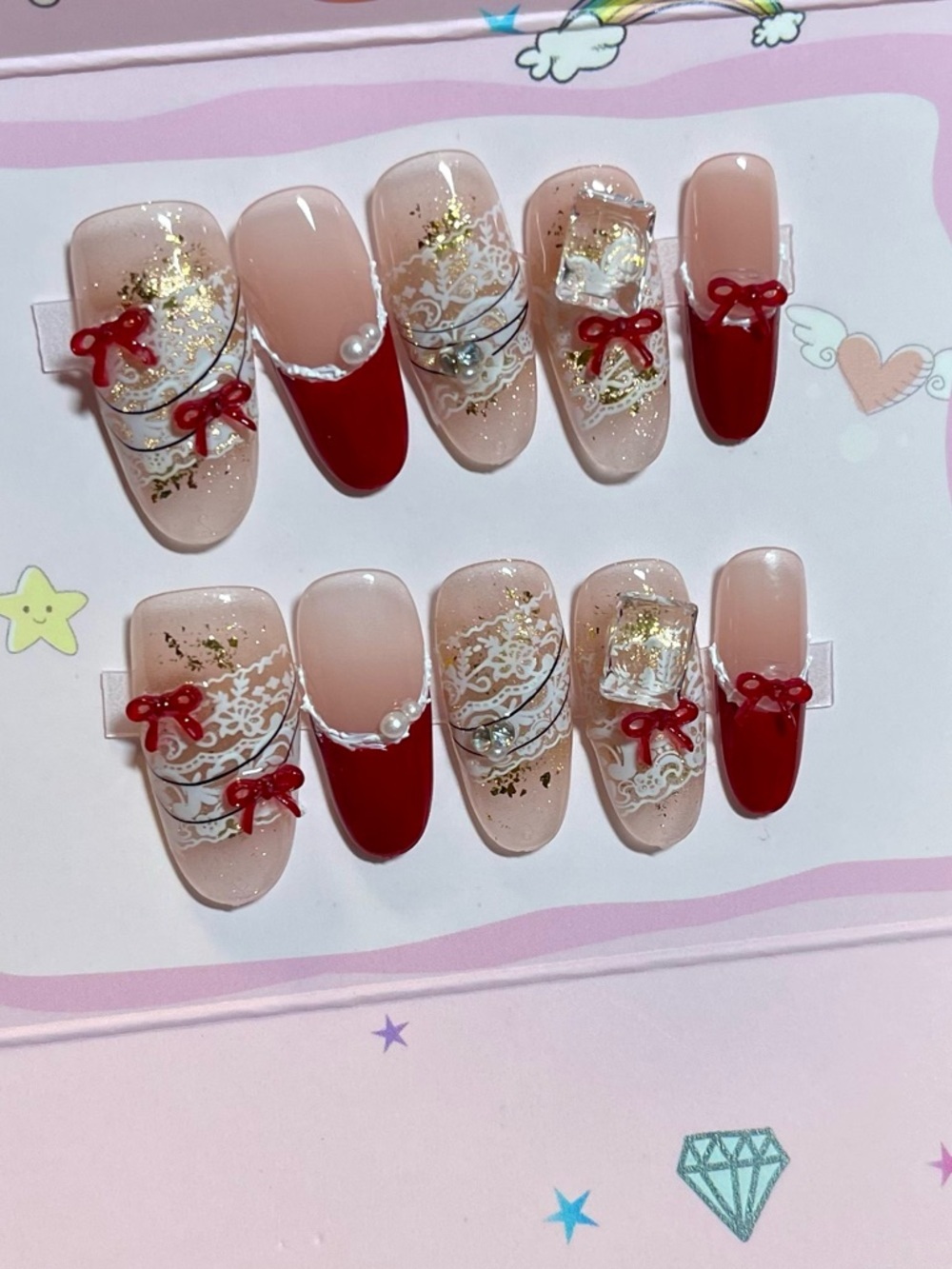💖5 for $25😻 Red & Nude Holiday Bow Press-On Nails